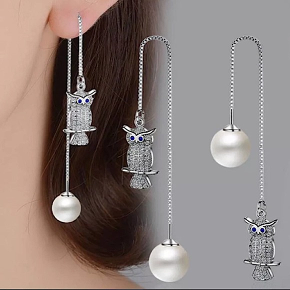 Sterling Silver Owl, Pearl Long Earrings - Picture 1 of 7